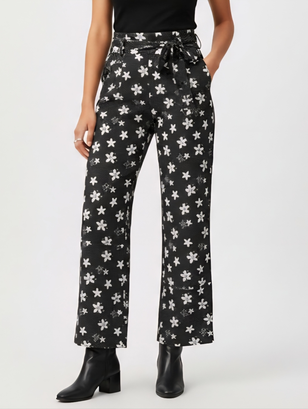 Floral Pleated Wide Leg Cropped Pants High Waist Womens Size Medium Black White